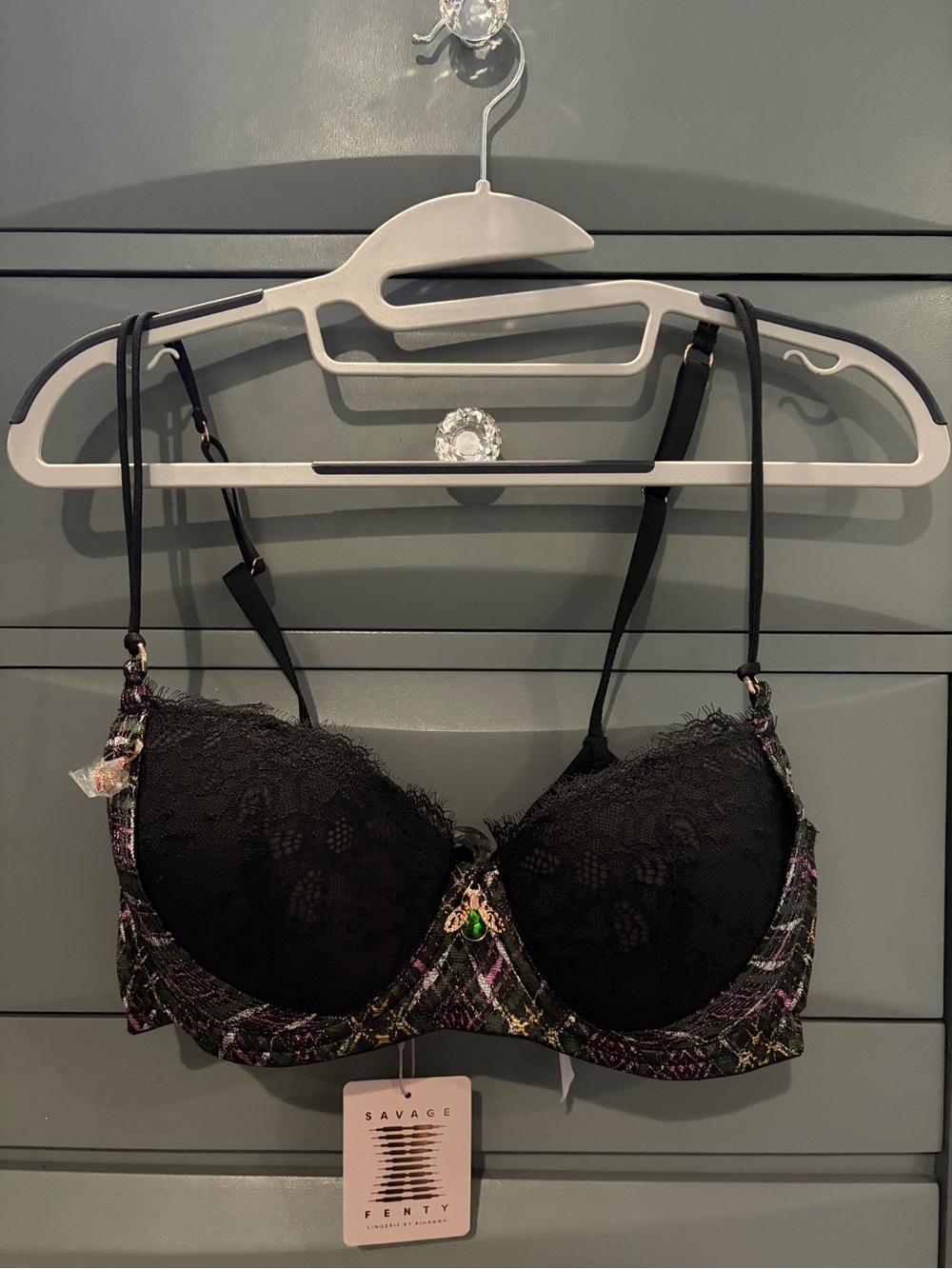 Savage X Fenty Lace & Plaid Push-Up Bra 36D NWT Black Multi Rhinestone Bee Charm